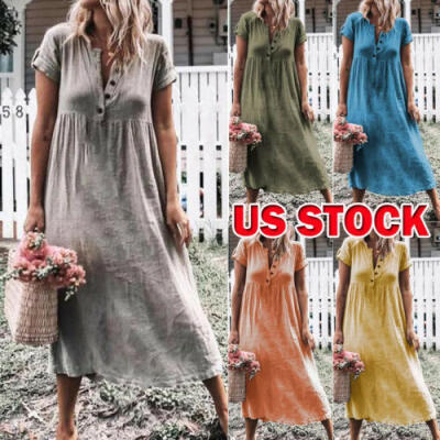 

US Women Cotton Linen Long Dress Short Sleeve Casual Boho Kaftan Tunic Plus Size