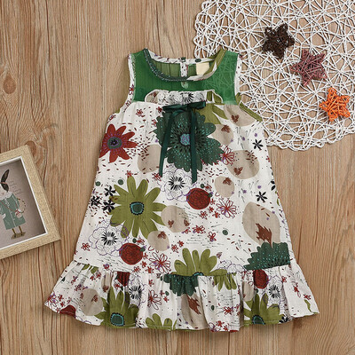 

Toddler Baby Girls Sleeveless Floral Print Vest Bow Ruffles Lace Dress Clothes
