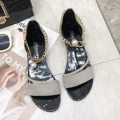 

Red shoes womens tide sandals cute ins tide outside Hong Kong fashion Joker Pearl buckle Roman shoes