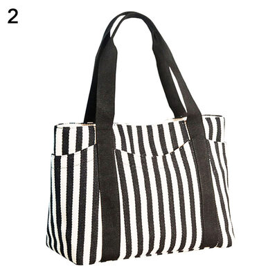 

Women Fashion Stripes Canvas Single Shoulder Handbag Zipper Cloth Purse Tote Bag