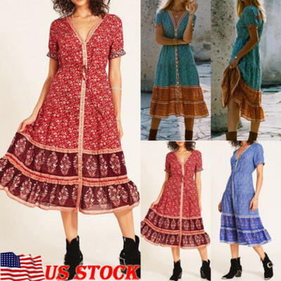 

Women Boho Floral Summer Party Evening Cocktail Beach Long Maxi Dress Sundress