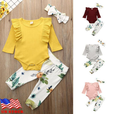 

US Newborn Baby Girl Ruffle Knitted Romper Flower Long Pants Headband Clothes