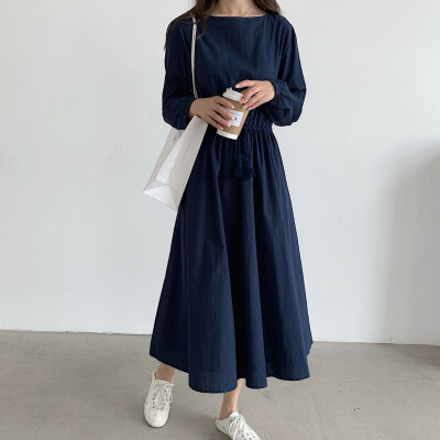 

Tailored Women Casual Solid Round Neck Dress Long Sleeve Beam Waist Big Swing Dress