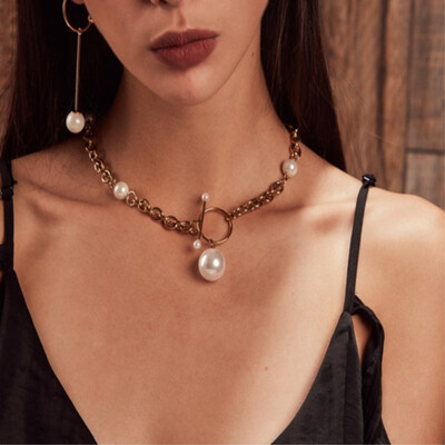 

New Fashion Luxury Imitation Pearls Choker Necklace for Women Cross Pendant Necklaces 2019 Gold Color Hyperbole Coin Jewelry