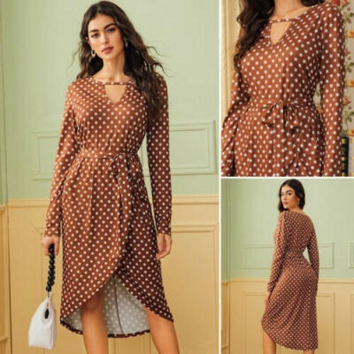 

Women V Neck Maxi Long Sleeve Dress Polka Dot Prom Evening Party Autumn Fashion Sundress