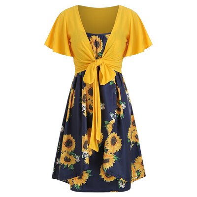 

Knotted Top&Sunflower Overlap Dress Set
