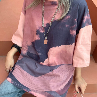 

Fashion Personality Loose Style Mid-sleeves T-shirt Novel Beautiful All-match Tie-dyed Womens T-shirt