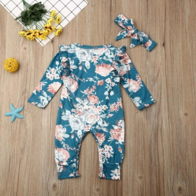 

2019 Newborn Baby Girl Clothes Long Sleeve Floral Romper Jumpsuit And Headband Outfits