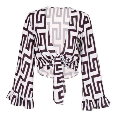 

Women Shirts Sexy Deep V Neck Plaid Women Top&Blouses Casual Flare Long Sleeve T-shirt Tops Female Clothes Bandage Shirt