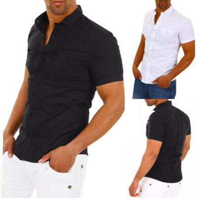 

UK Mens Short Sleeve Collar Button Down Shirt Slim Fit Blouse T-shirt Size -2XL
