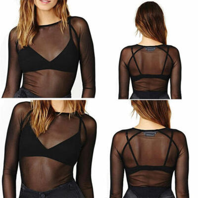 

UK Womens Hollow Mesh Net T-Shirt Long Sleeve Tee Tops Transparent Blouse Tank