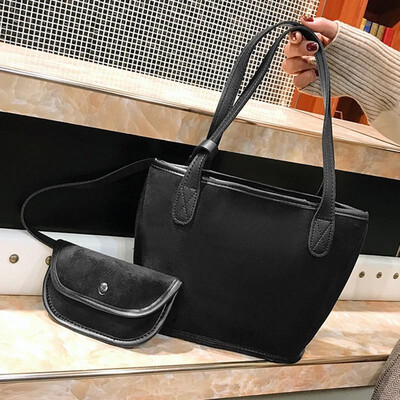 

New Fashion Women Faux Suede Handbag Leopard Print Solid Large Capacity Shopping Shoulder Bag Tote BlackBrownKhaki