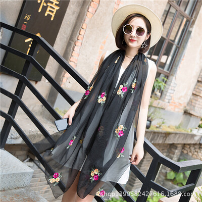 

Factory direct new national wind scarf simulation silk scarf summer thin embroidered silk scarf sunscreen shawl wholesale
