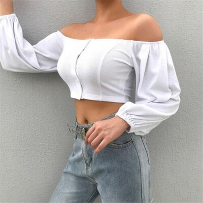 

Women Off Shoulder Blouse Sexy Strapless Top Ladies Buttons Crop Tops Vest Shirt