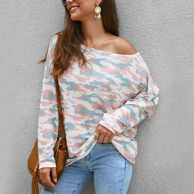 

Women Wild T-Shirt Round Neck Collar Loose Camouflage Printed Long-Sleeved Casual Tops