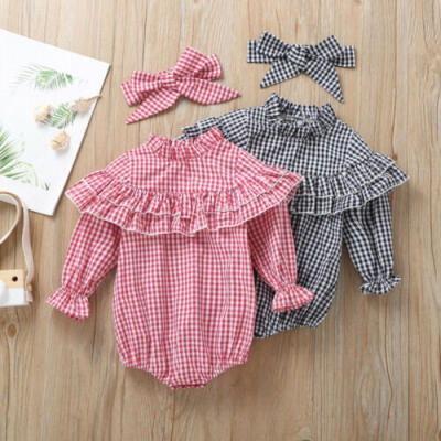 

2PCS Newborn Baby Girl Plaids Clothes Long Sleeve Ruffle Romper Bodysuit Outfits