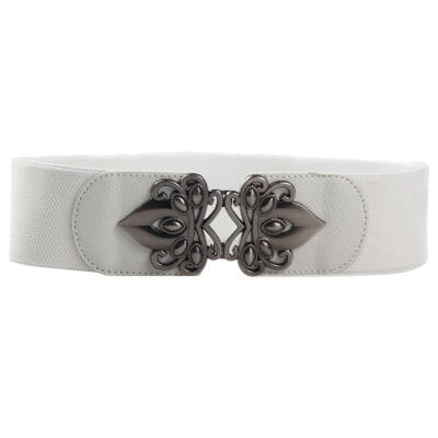 

Vintage Solid Color Wide Waistband Metal Hollow Flower Buckle Elastic Women Belt