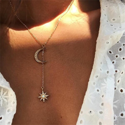 

Bohemian Multilayer Star Moon Pendant Necklace For Woman Fashion Geometric Charm Chain Choker Necklace 2019 Jewelry Wholesale