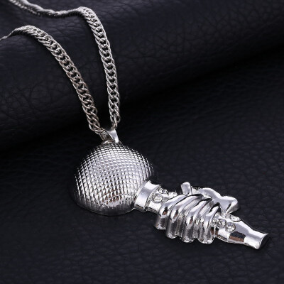 

Rock Rapper DJ Night Club Long Chain Jewelry Microphone Necklaces & Pendants Gold Color Rhinestone Men Necklace Gift