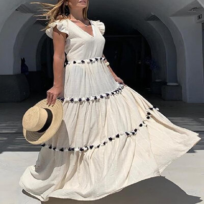 

Solid Deep V-neck Petal Sleeves Frill Expansion Full-length Dress