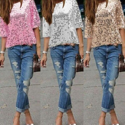 

Ladies Sloping Shoulder Glistening Sequin Slim Shirt Tops Blouses Women T Shirts