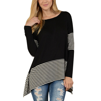 

New Casual Long Sleeve T-Shirt Spring Autumn Striped Patchwork Loose Lady Tops Tees