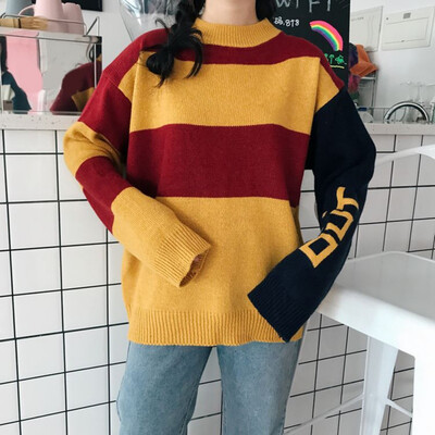 

Casual O-Neck Loose Striped Pullovers Fashion Women Autumn Sweaters Letter Long Sleeve Knitted Tops