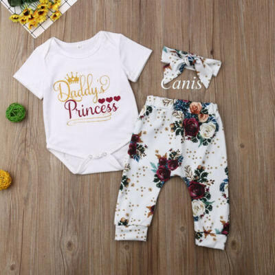 

3Pcs Fathers Day Newborn Baby Girls Romper Pants Headband Outfits Clothes Sets