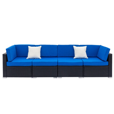 

Ktaxon Outdoor Black Rattan Pool Garden 4 Seater Sofa with Blue Cushions