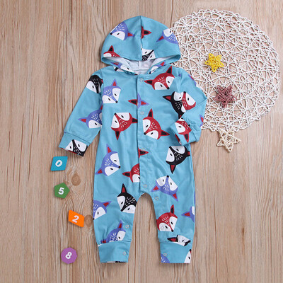 

Newborn Baby Boys Long Sleeves Hooded Fox Print Romper Jumpsuit Kid Clothes