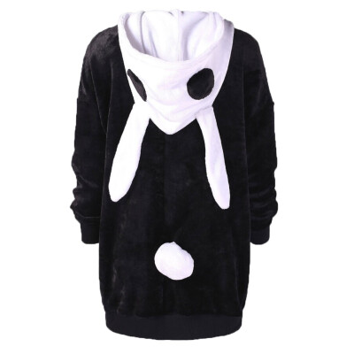 

Toponeto Cute Contrast Rabbit Ear Hooded Fuzzy Coat Winter Warm Women Jacket Outerwear