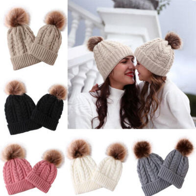 

USA Women Baby Kid Warm Winter Knit Wool Beanie Fur Pom Bobble Hat Crochet Cap