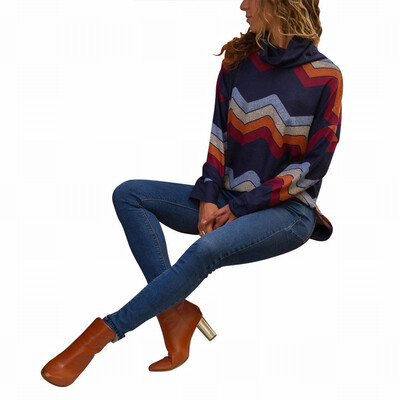 

Womens striped T-shirt bottoming shirt with high collar long sleeves