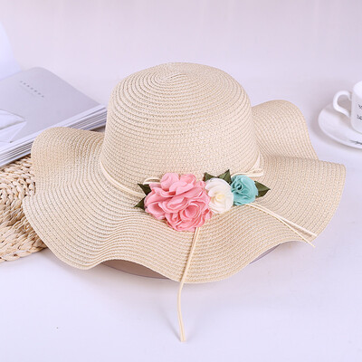 

South Korea hand-woven wave edge straw hat bow beach sun hat beach vacation photo sun hat woman