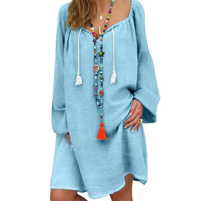 

Women Dress Pure Color Linen Dress Long Sleeve Plus Size Causal Dress For Female