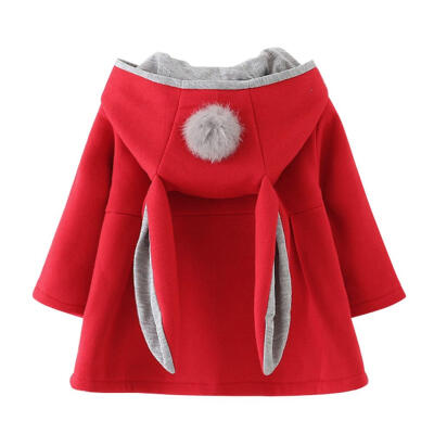 

Winter Baby Girls Long Sleeve Coat Rabbit Ear Hooded Casual Pompon Jackets