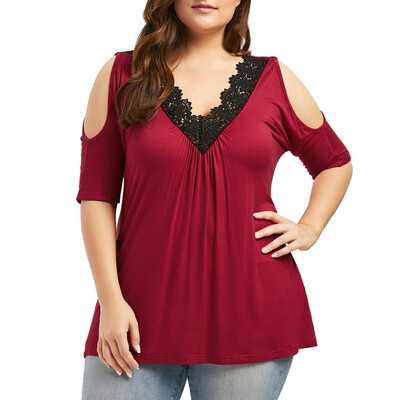 

Roseonmyhand Fashion Womens Plus Size Lace Trim V Neck Cold Shoulder Strapless Tops Blouse