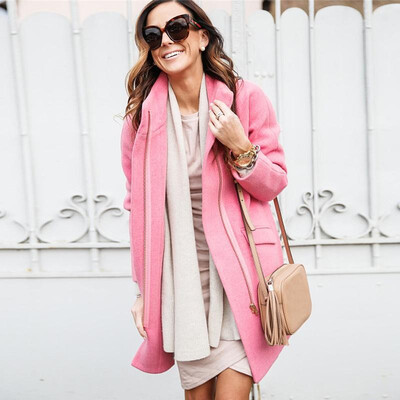 

Fashion Women Winter Solid Color Woolen Coat Longline Turn-Down Collar Long Sleeve Zipper Splicing Casual Jacket Outerwear