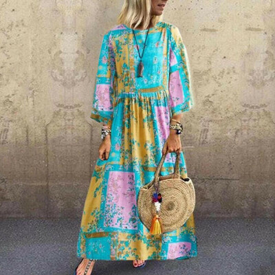 

Women Boho Cotton Linen Long Maxi Dress Long Sleeve Casual Boho Kaftan Tunic