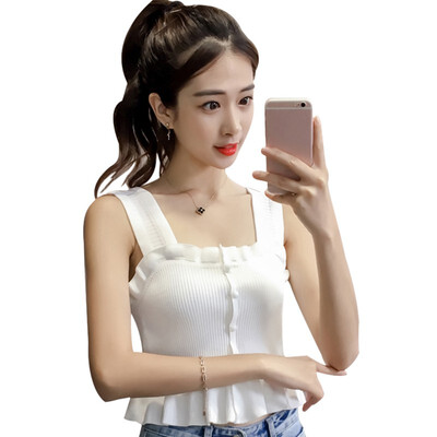 

Womens Sexy Solid Sleeveless Knitted Ruffles Tank Top