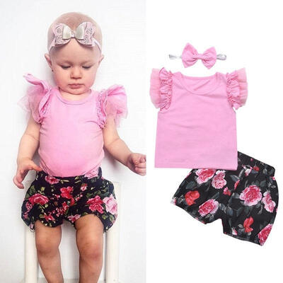 

Cotton Newborn Kids Baby Girls Flower Tops T-shirt Shorts Outfits Clothes Summer