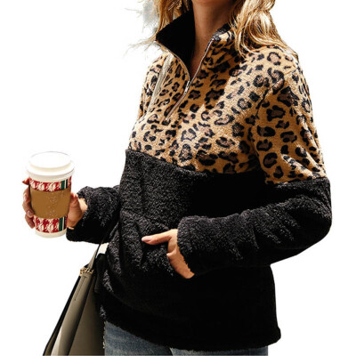 

goldstrings Womens Long Sleeve Half Zip Up Leopard Print Patchwork Fleece Pullover Tops Stitching Top Sweaters