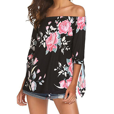 

Nomeni Women Floral Print Off Shoulder T-Shirt Short Sleeve Casual Tops Blouse BKL
