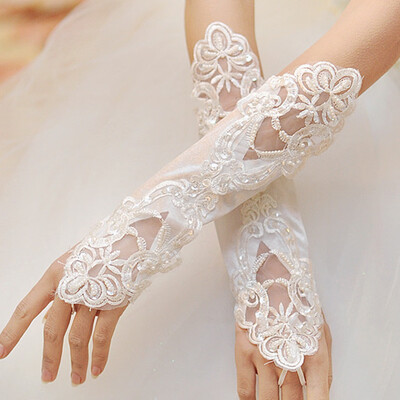

Satin Bridal Lace Gloves Long Gathered And Beaded Gloves Accessory Party