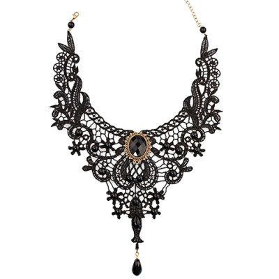 

Women\s Black Lace Alloy Waterdrop Pendant Statement Bib Choker Party Necklace