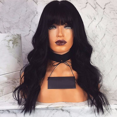 

Glueless Lace Front Wavy Wig With Bang 100 Virgin Human Hair Front Lace Wig Pre Plucked Natural Wave Remy Lace Wig With Baby Hair