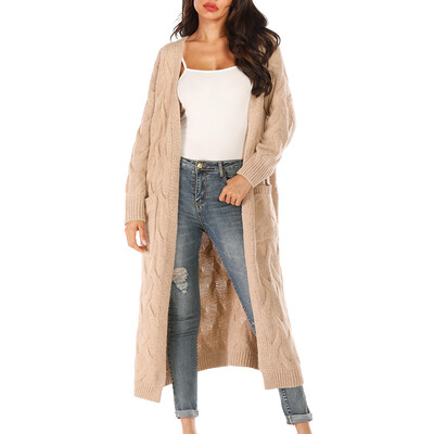 

2019 Women Autumn And Winter Elegant Fashion Design Large Size Loose Solid Color Pocket Knit Thick Sweater Cardigan Apricot