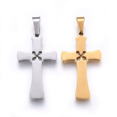 

304 Stainless Steel Pendants with Hollow Cross Mixed Color 32x18x22mm Hole 8x4mm