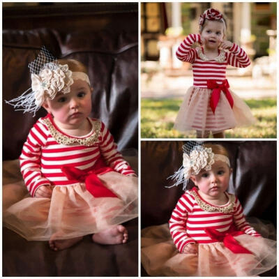 

Holiday Kids Baby Girls Princess Stripe Long Sleeve Tulle Party Dress Clothes