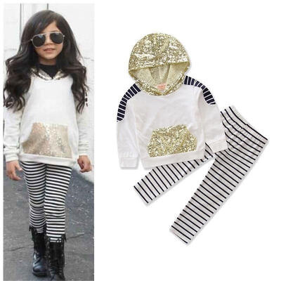 

Toddler Kids Baby Girl Outfit Set Clothes Sequin T Shirt Top Striped Pants